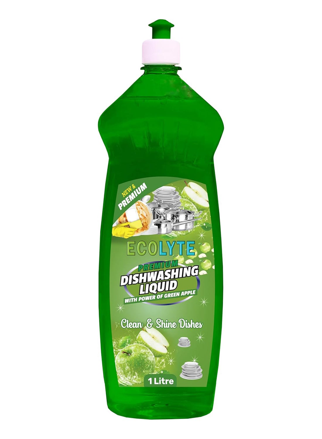 ECOLYTE+ Dishwashing Liquid Soap, Platinum Antibacterial Detergent & Perfect Shine, All Purpose Cleaner, Leaves No Residue, Kitchen Cleaner, Removes Grease & Oil - (Green Apple, 1 Liter)